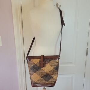 Vintage Plaid Rafia and Leather Crossbody Bag